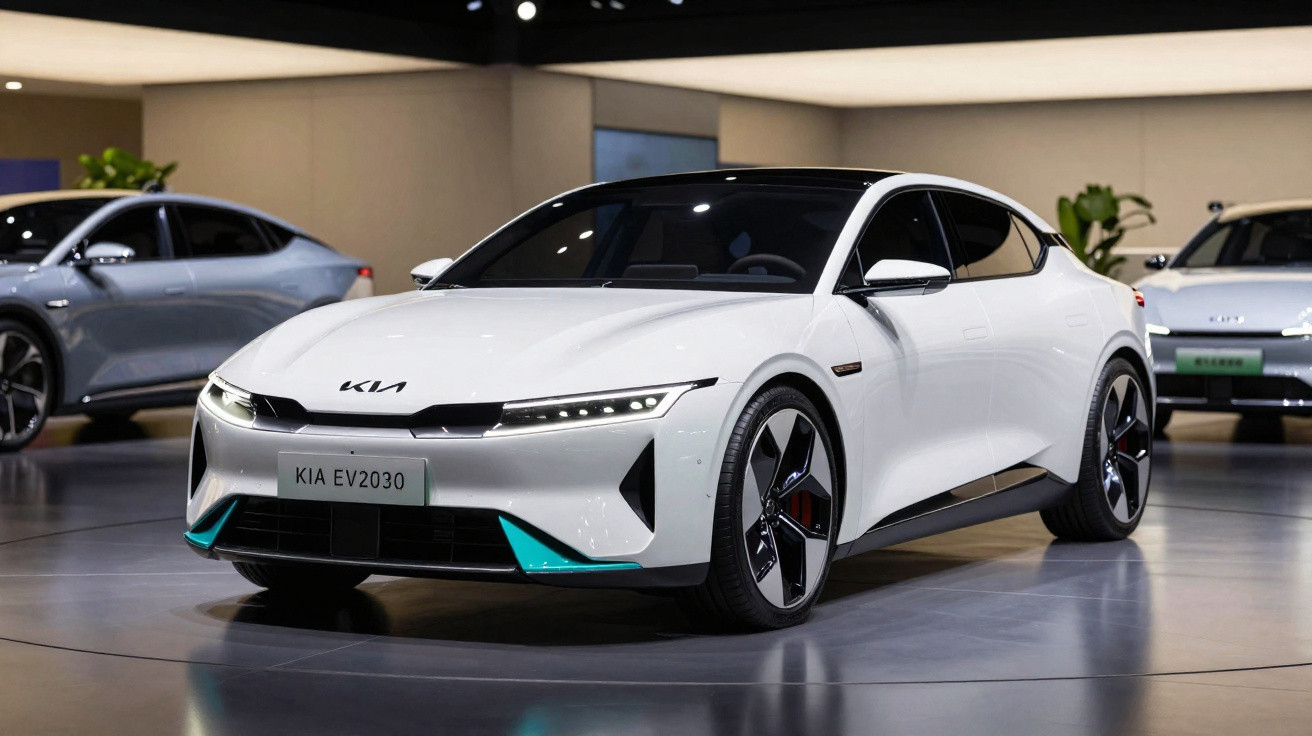 Carro elétrico branco Kia EV2030 exposto em salão automotivo com outras vitrines ao fundo.
