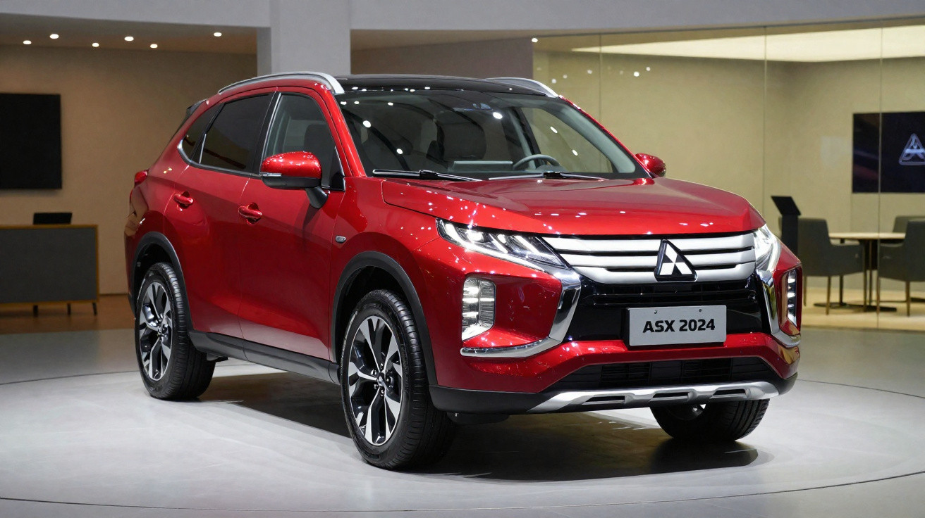SUV vermelho Mitsubishi ASX 2024 exibido em ambiente interno moderno.