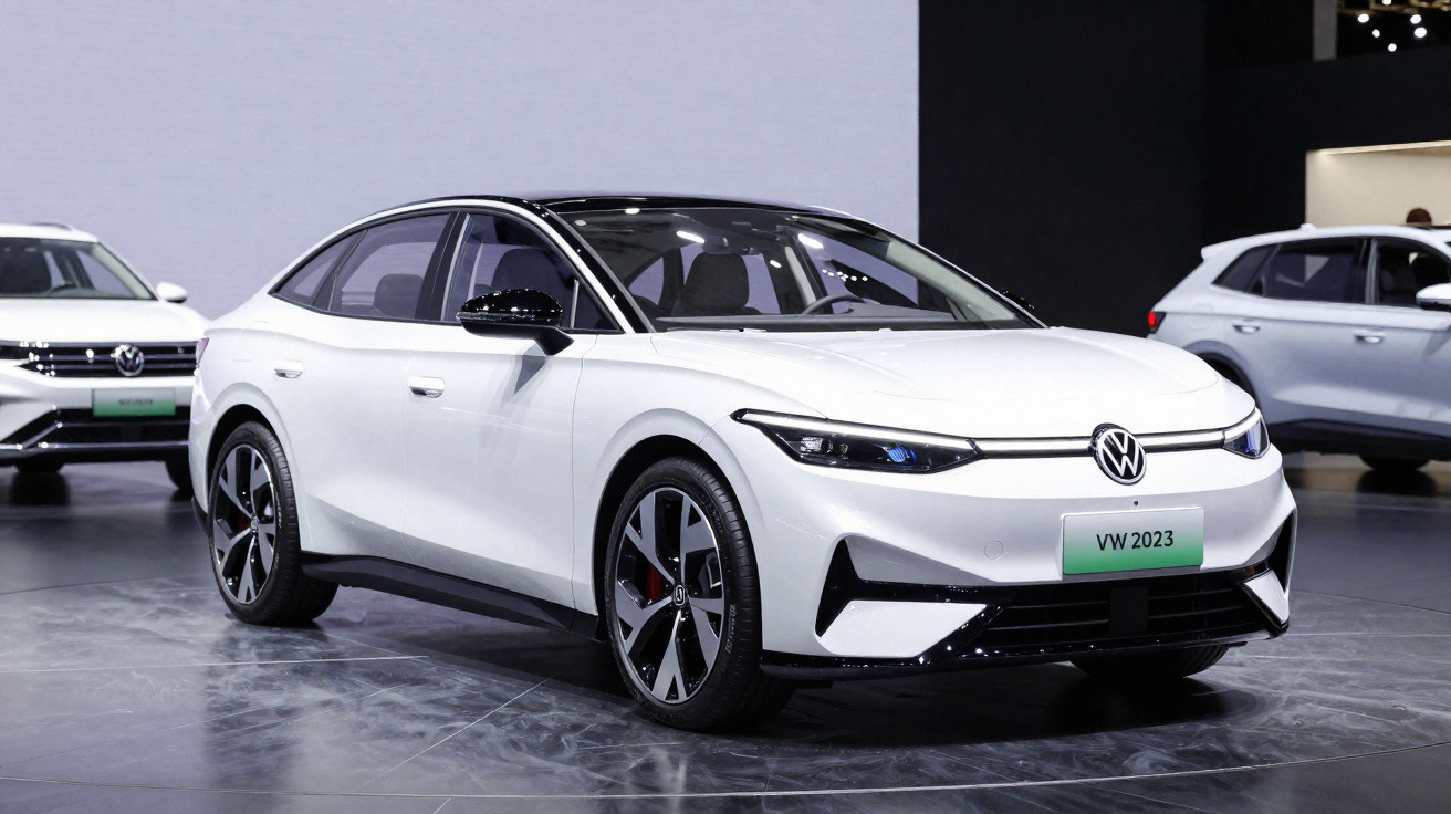 Carro elétrico branco da Volkswagen modelo VW 2023 em exposição automotiva interna.