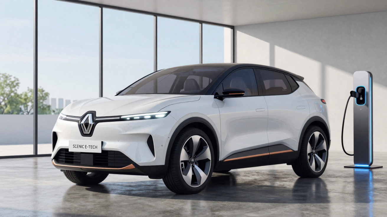 Carro elétrico branco Renault Scenic E-Tech estacionado ao lado de estação de carregamento em ambiente moderno.