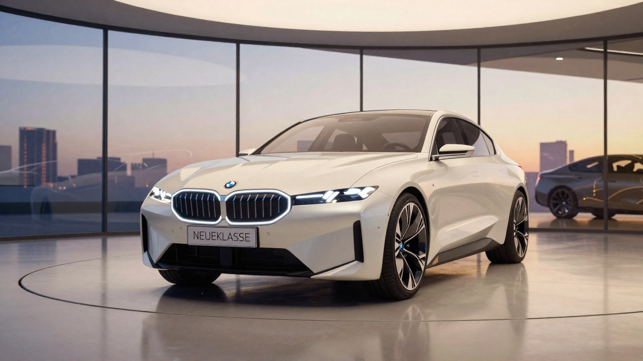 Carro BMW branco em exposição moderna com design elegante e faróis acesos ao pôr do sol.
