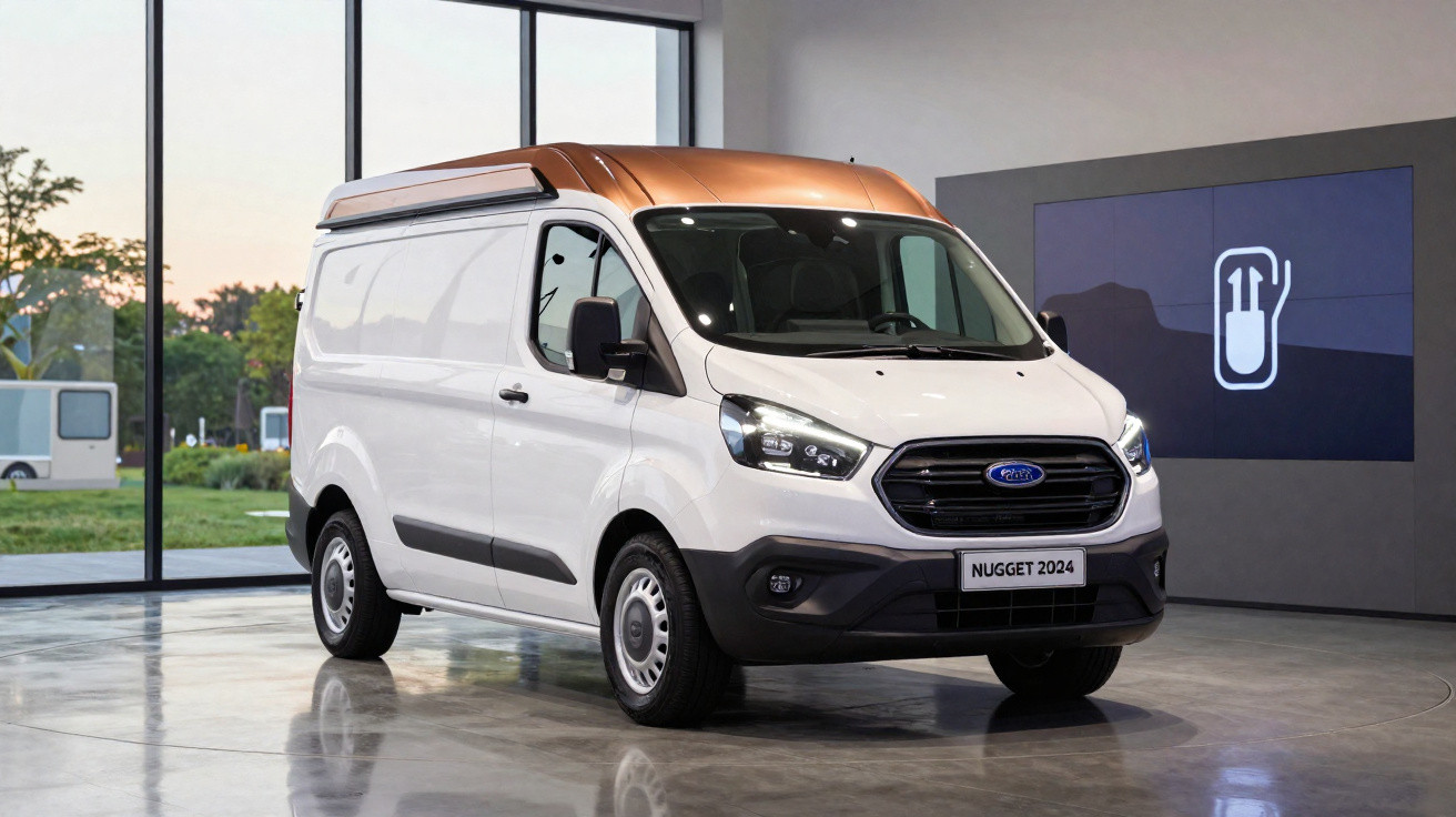 Van branca Ford Nugget 2024 com teto marrom em showroom moderno com grandes janelas de vidro.