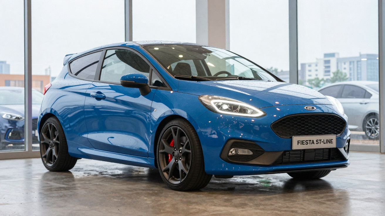 Carro esportivo Ford Fiesta ST-Line azul estacionado em showroom com piso cinza e janelas de vidro ao fundo.