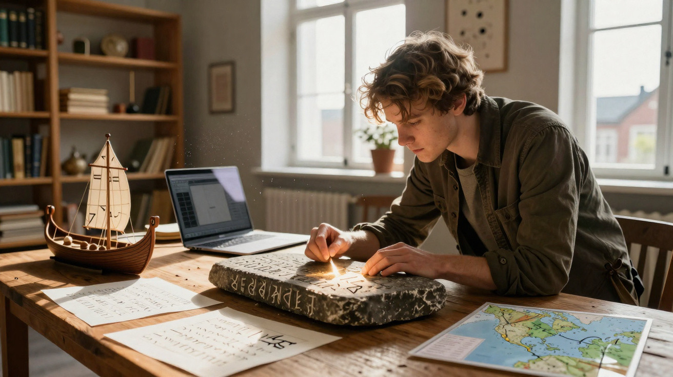 Jovem estudando inscrições antigas em mesa com mapas, modelo de barco e laptop em ambiente iluminado.