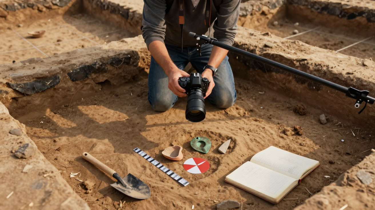 Arqueólogo fotografando artefatos antigos em escavação arqueológica com ferramentas e caderno aberto.