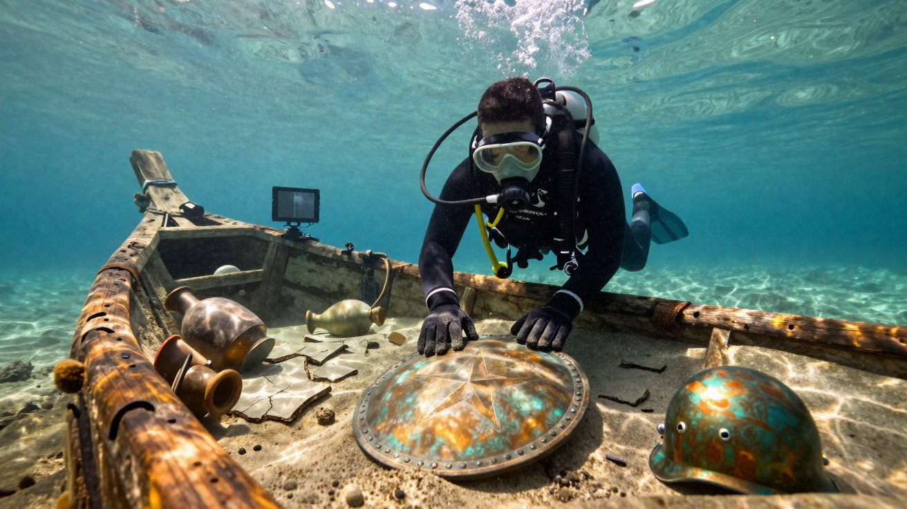 Mergulhador explorando um navio antigo submerso com artefatos arqueológicos no fundo do mar.