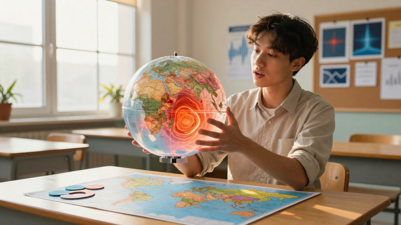 Estudante com globo terrestre em sala, mostrando atividade sísmica projetada no oceano Índico.