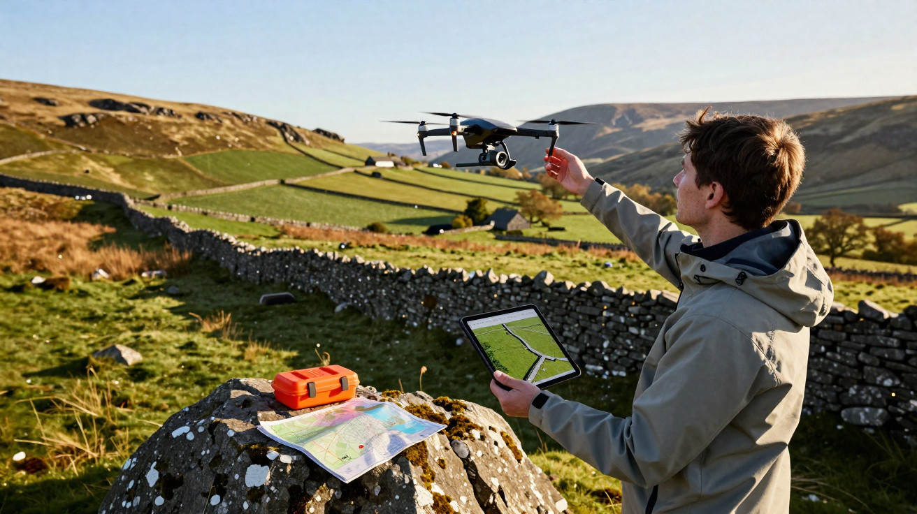 Homem controla drone com tablet em área rural com pedras, colinas e vegetação ao fundo.