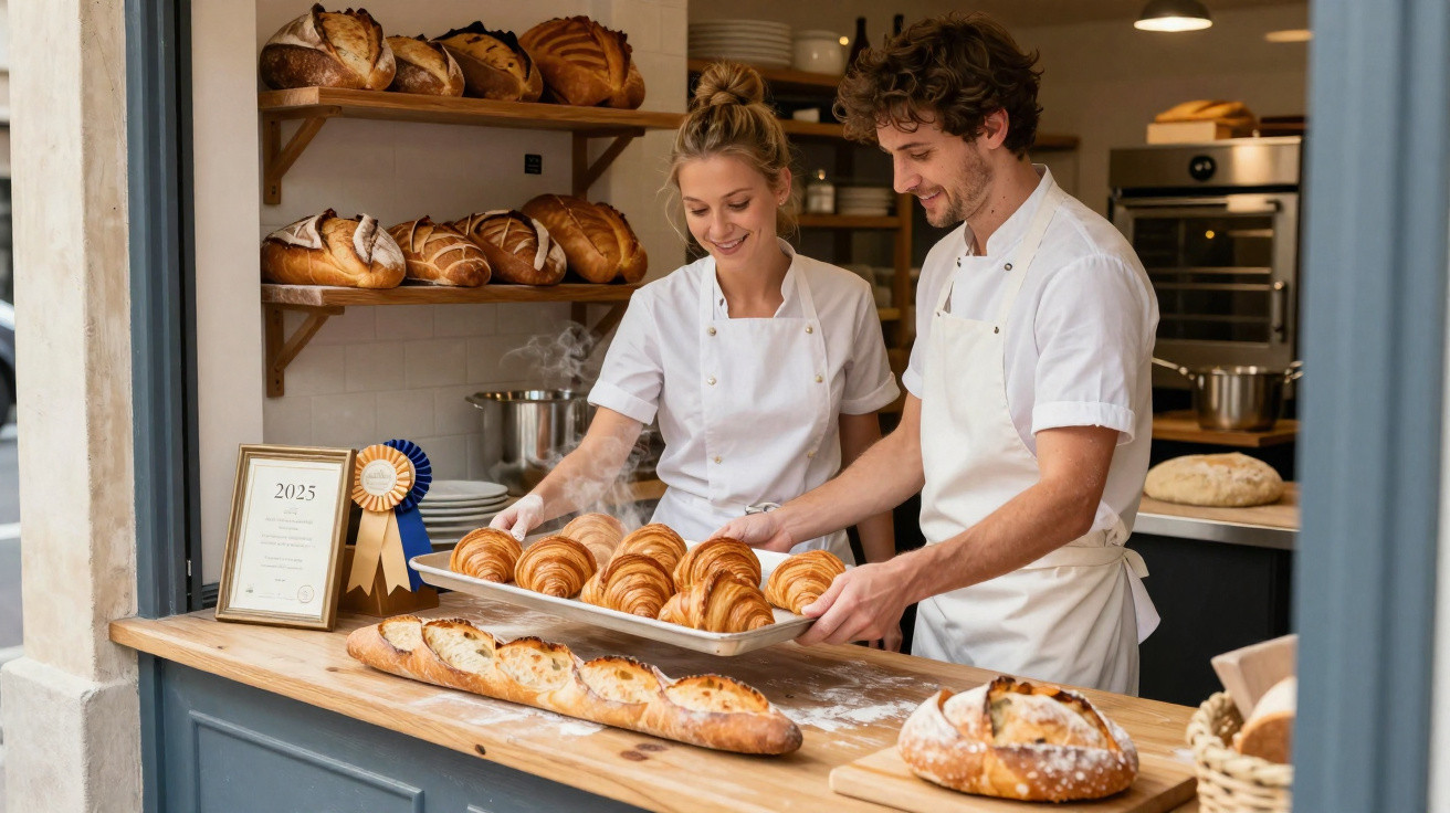 Dois padeiros sorrindo seguram uma bandeja de croissants em padaria com pães variados ao redor.