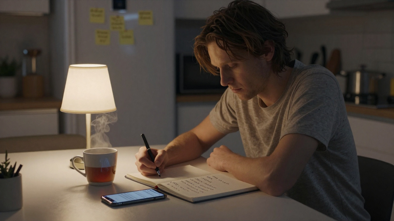 Homem jovem escrevendo em caderno com café e celular sobre mesa iluminada por luminária.
