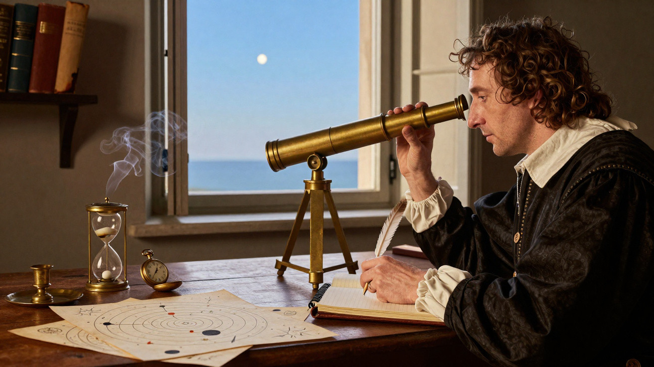 Homem do período renascentista observa pelo telescópio enquanto faz anotações, com mapas e ampulheta na mesa.