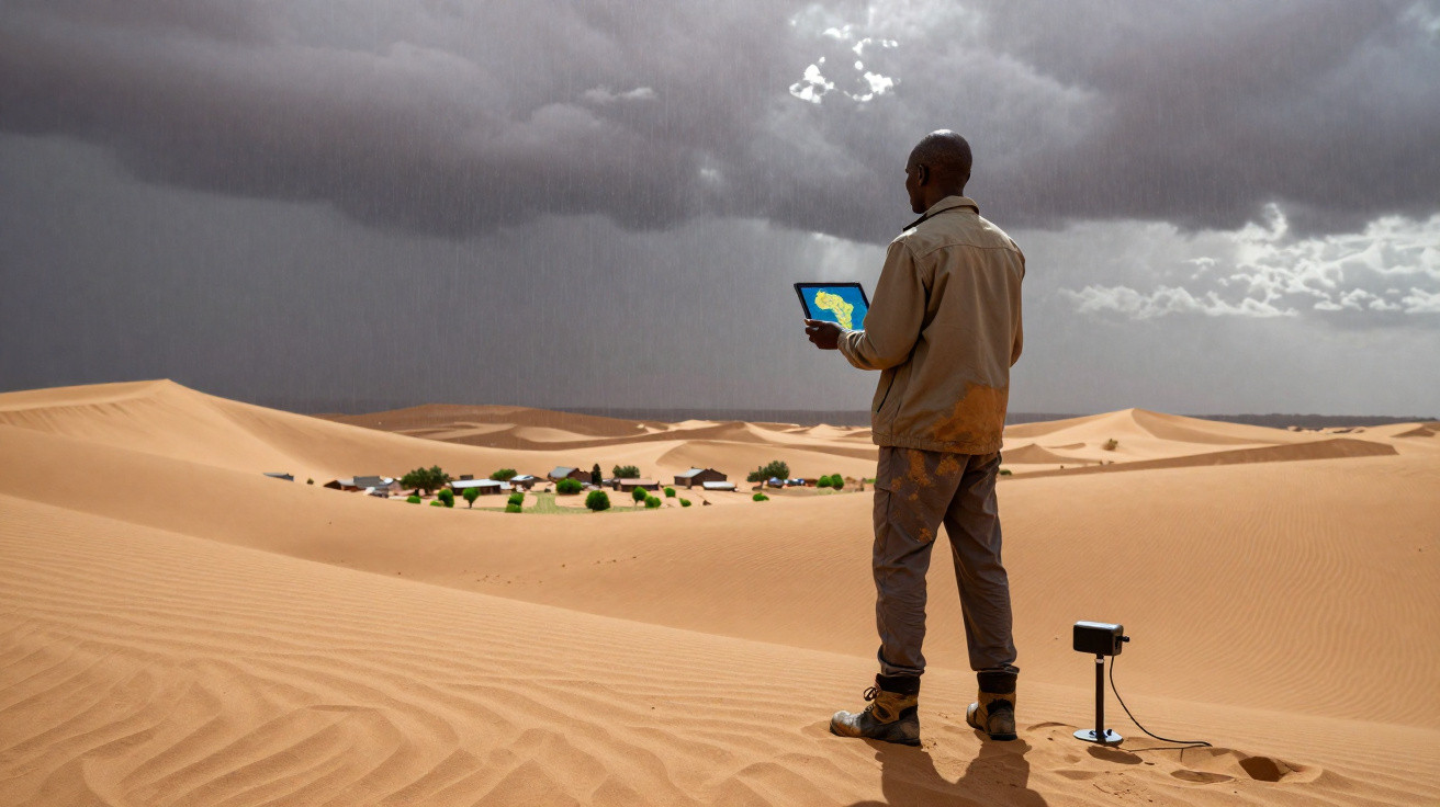 Homem em roupa bege usa tablet no deserto com céu nublado e pequena vila ao fundo.