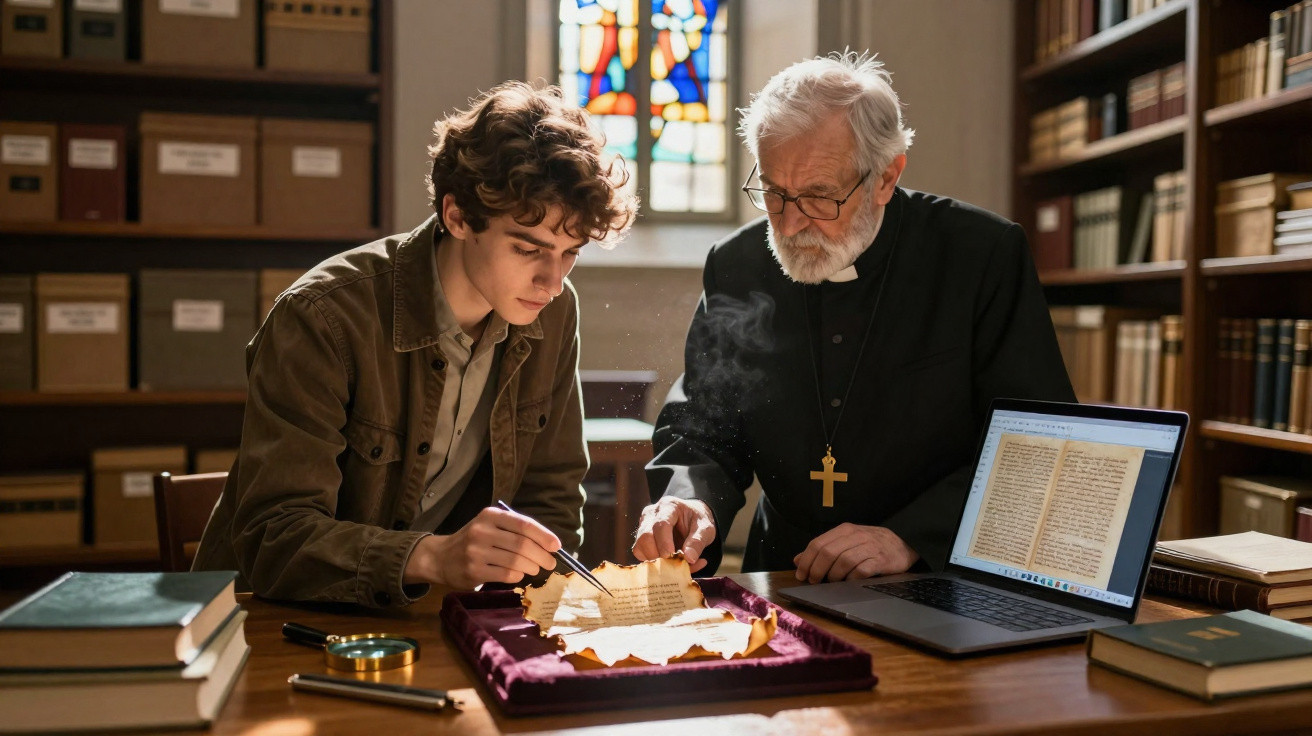 Jovem e padre analisam pergaminho antigo em mesa com livros e laptop em biblioteca iluminada por vitral.