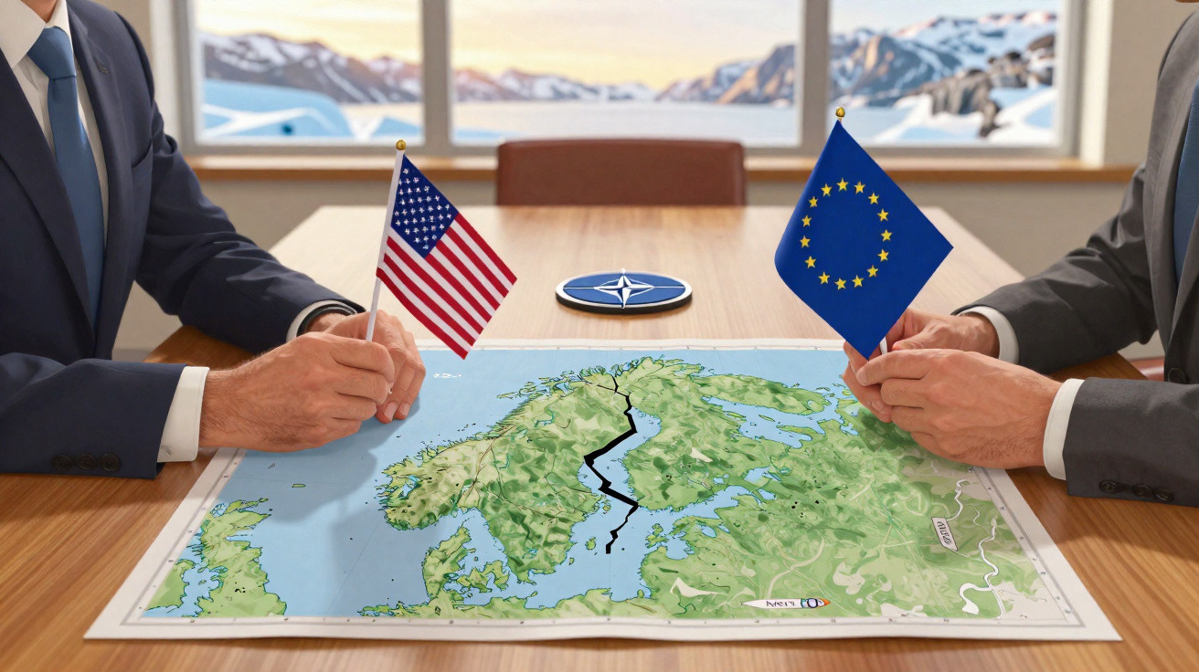 Duas pessoas seguram bandeiras dos EUA e da UE ao lado de mapa com fissura sobre mesa com símbolo da OTAN.
