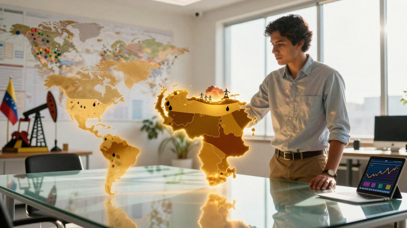 Homem em escritório observando mapa virtual iluminado focado em recursos naturais da América Latina.
