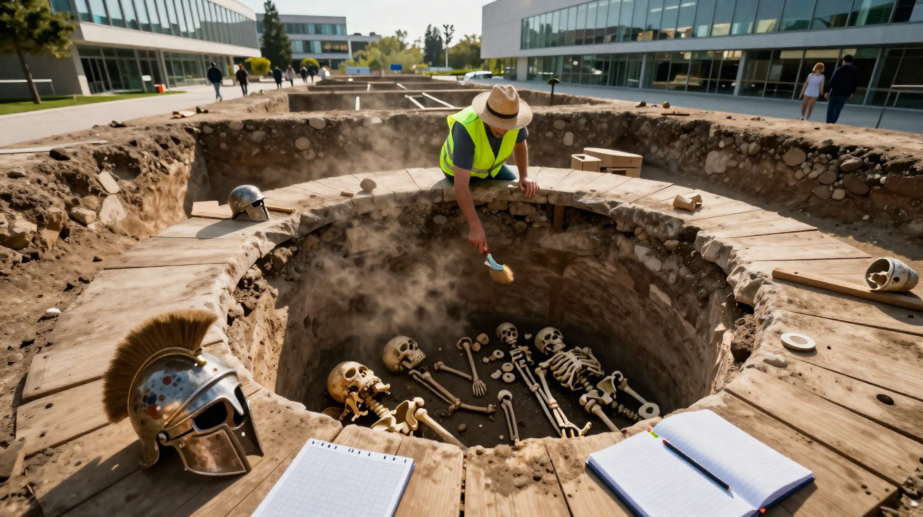 Arqueólogo escavando esqueletos romanos em poço circular com capacete antigo e cadernos ao redor.