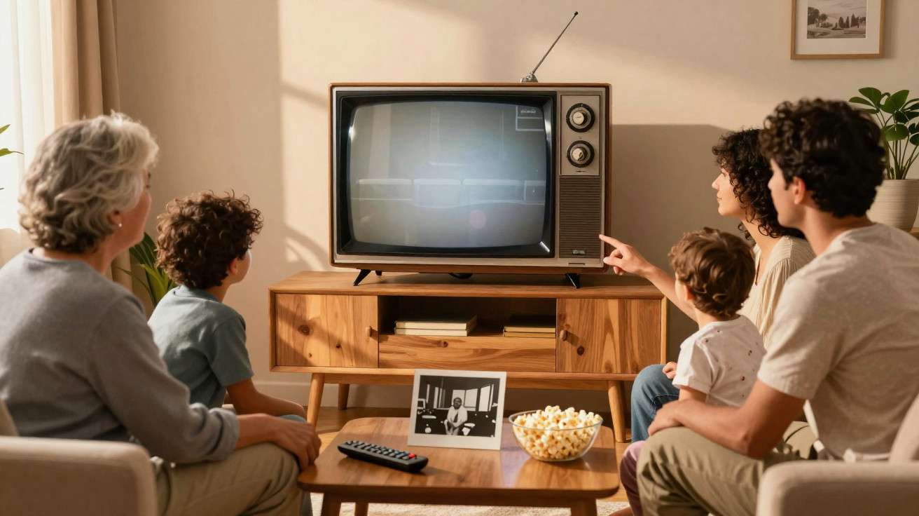 Família de cinco pessoas sentadas na sala assistindo televisão antiga ligada em preto e branco.