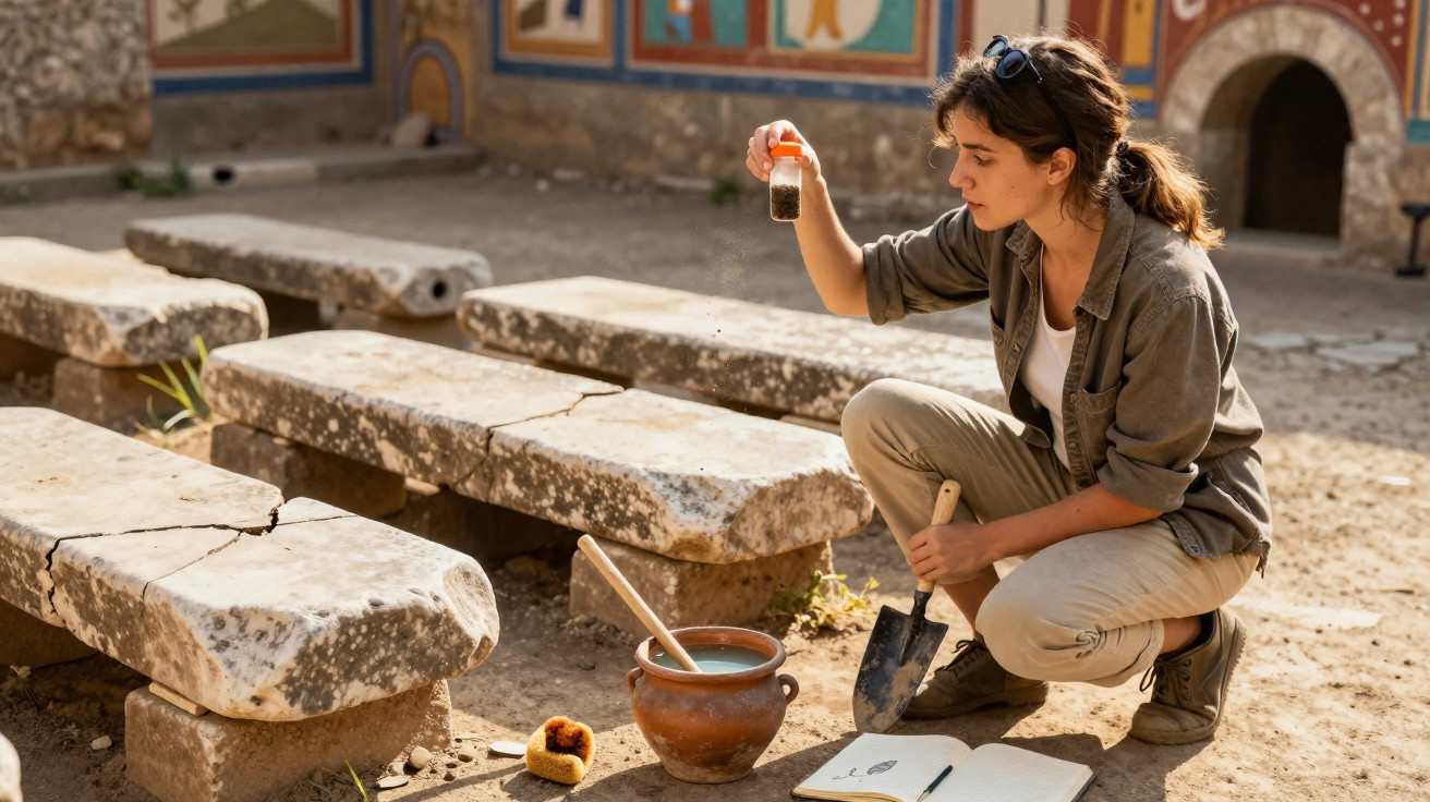 Mulher arqueóloga em sítio histórico, examinando amostra de terra com ferramentas e caderno ao lado.