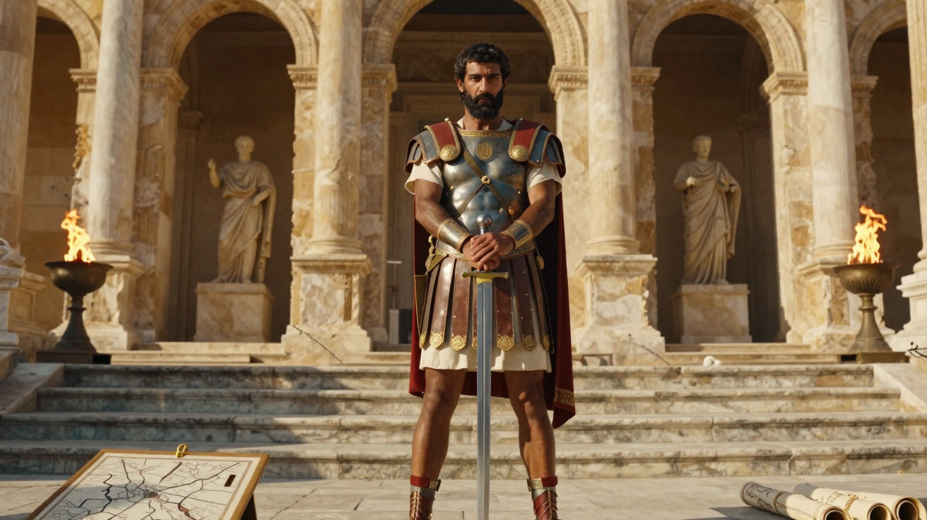 Homem vestido como guerreiro romano segurando uma espada em frente a estátuas e colunas antigas.