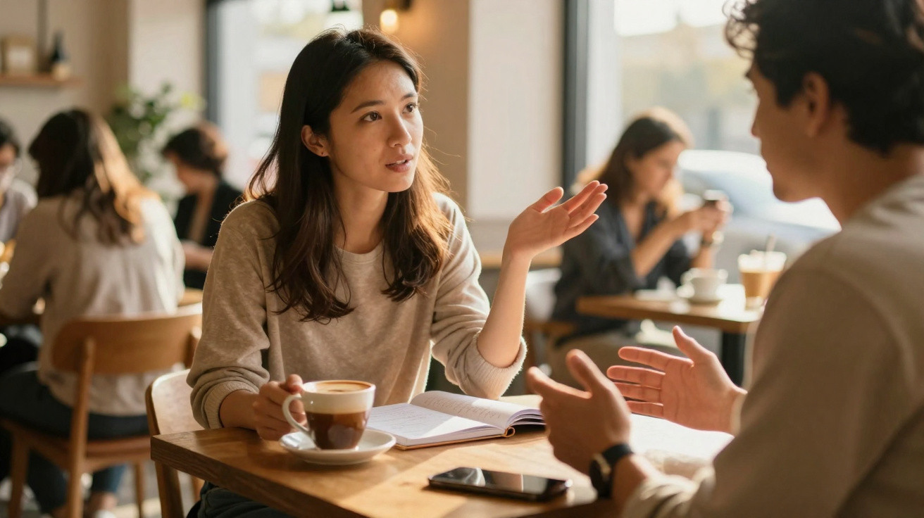Mulher conversa com homem em café, segurando xícara de café, livro aberto e celular sobre a mesa.