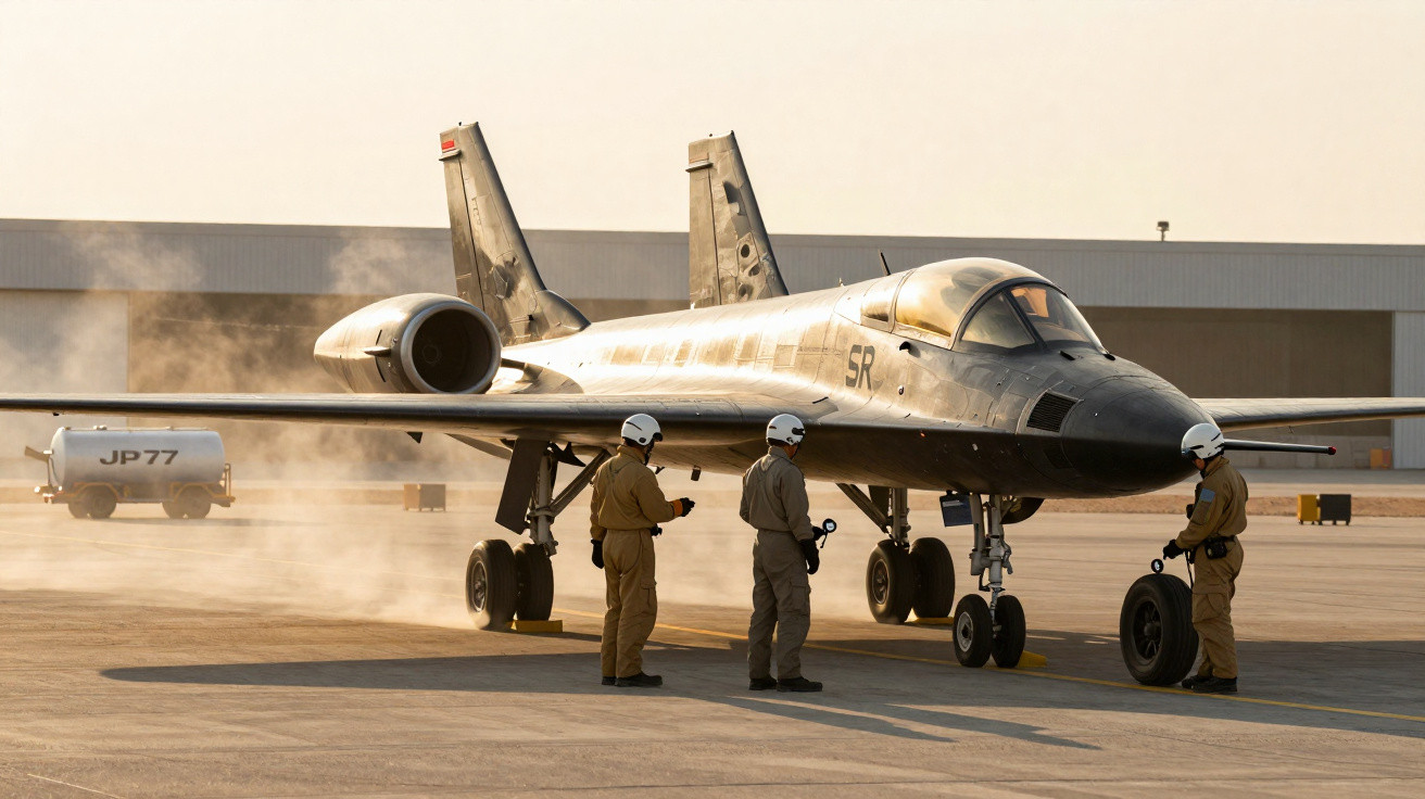 Avião militar da NASA no solo com três técnicos preparando e trocando roda sob luz do pôr do sol.