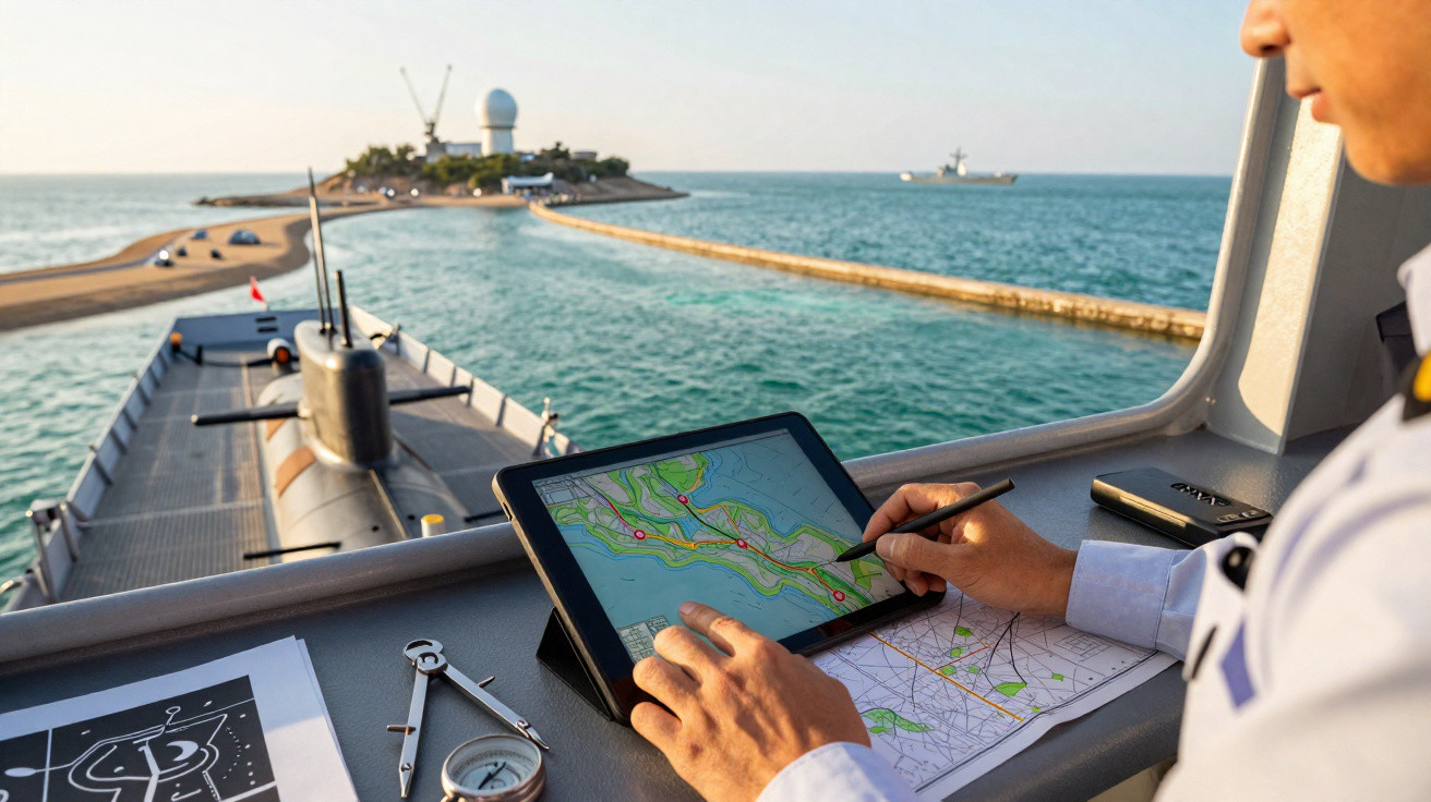 Pessoa navegando com tablet e mapas em controle de embarcação próxima a ilha com estruturas técnicas.