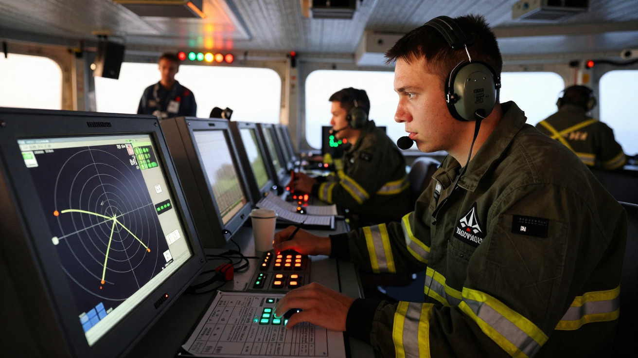 Homem em uniforme com headset operando equipamento de radar em ambiente fechado com outras pessoas ao fundo.