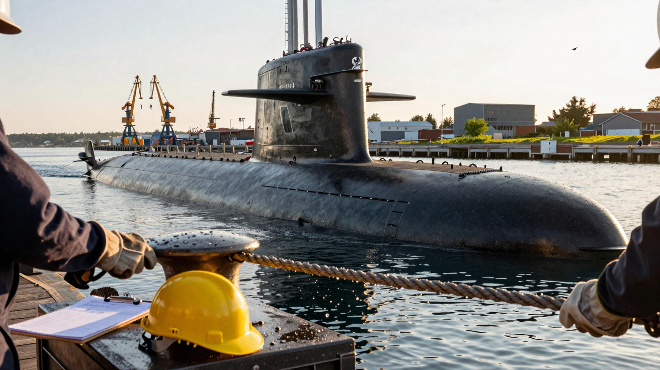 Submarino preto ancorado próximo ao cais com trabalhadores segurando corda e capacete amarelo.