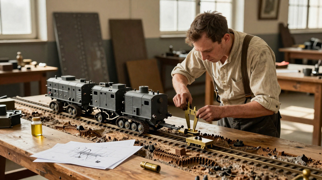 Homem mede peça de trem em miniatura sobre mesa com projetos e ferramentas em oficina antiga.