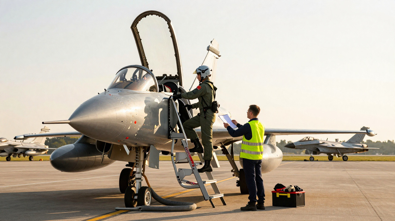 Piloto sobe em escada para entrar em caça enquanto técnico verifica checklist na pista de aeroporto militar.