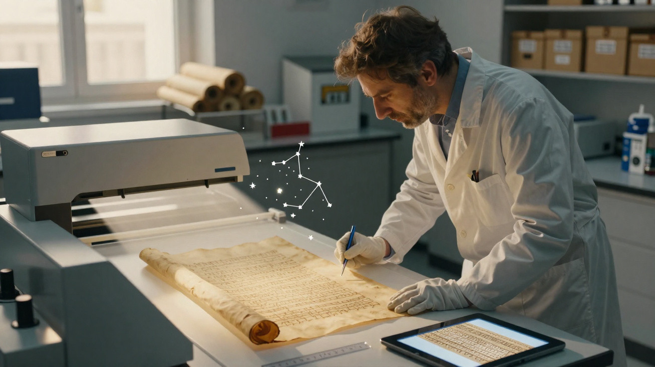 Pesquisador em laboratório analisa pergaminho antigo com luvas e equipamento de digitalização.