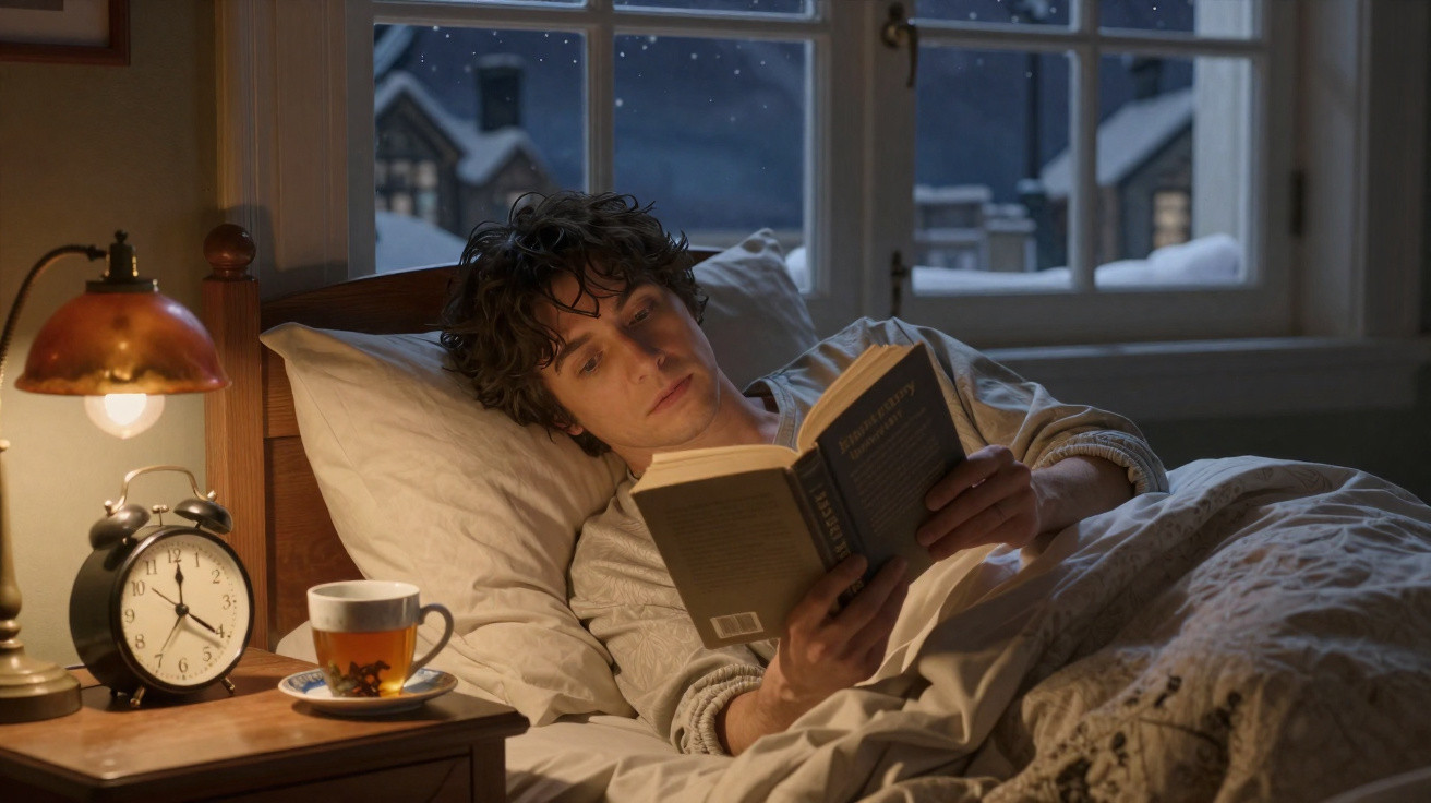 Pessoa lendo livro na cama à noite, com xícara de chá e relógio na mesa ao lado, janela com vista para casas.