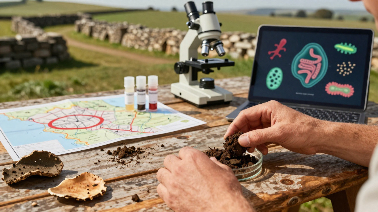 Mãos manipulando amostra de solo em petri com microscópio, mapa, tubos e laptop ao ar livre.