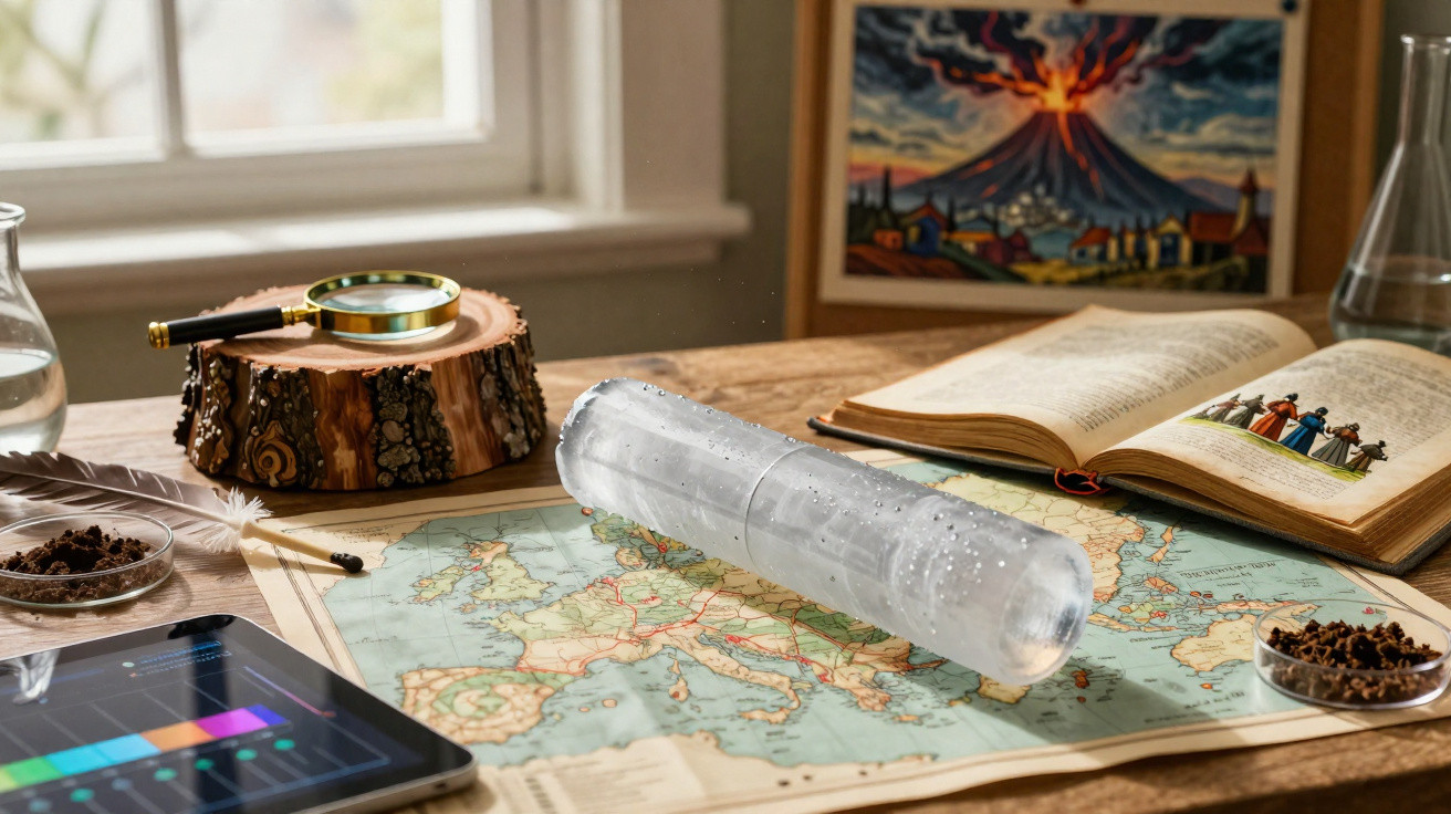 Mesa com mapa, lupa, tablet, livro aberto, amostras de solo e quadro de vulcão em erupção.