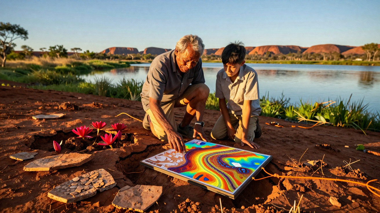 Idoso e criança observam mapa colorido ao ar livre perto de lago e flores em terreno seco.