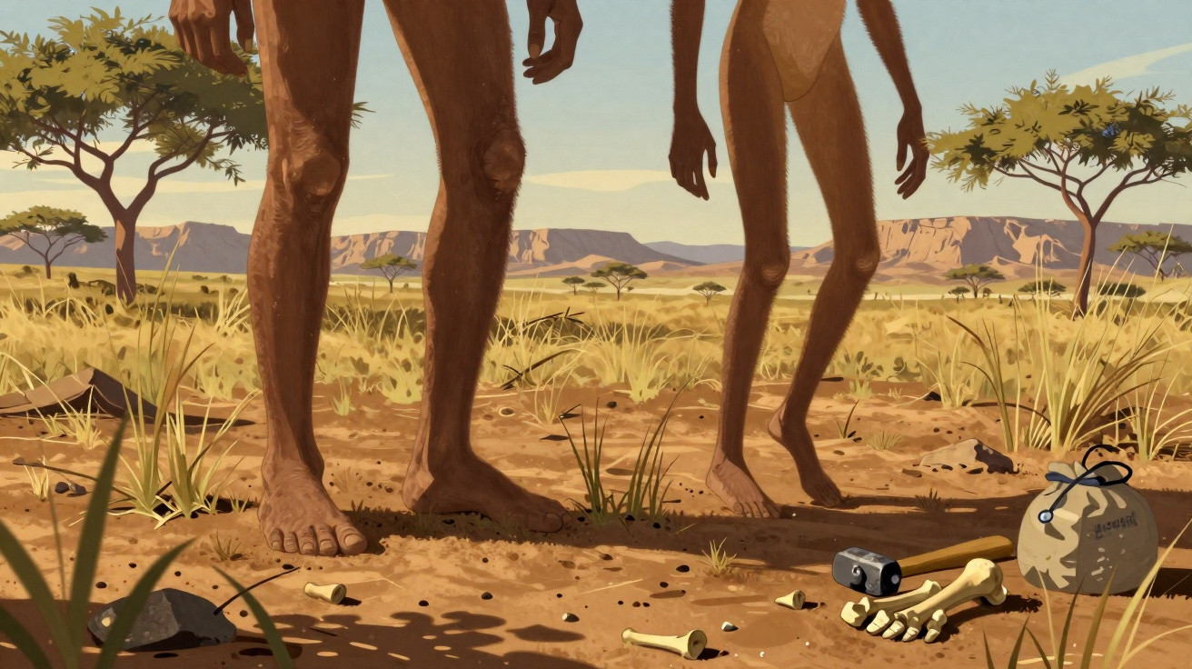 Pés de dois hominídeos antigos na savana, com ossos e ferramentas primitivas ao redor.