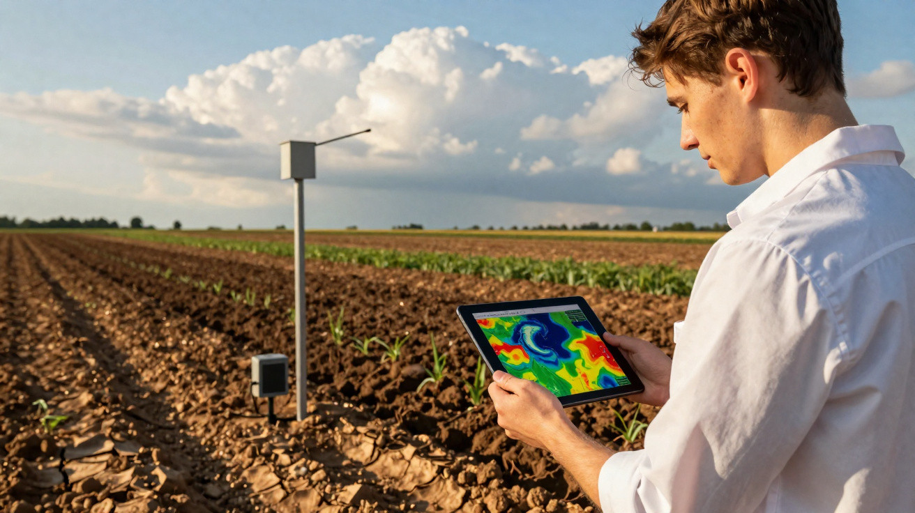 Agricultor usando tablet para monitorar dados climáticos em plantação ao ar livre com céu nublado.