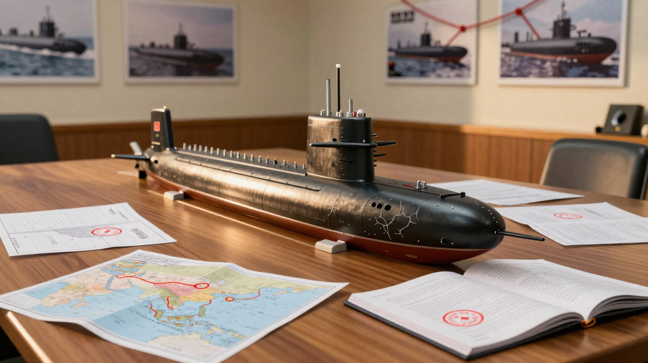 Modelo detalhado de submarino preto sobre mesa com mapas e documentos em sala de reuniões.