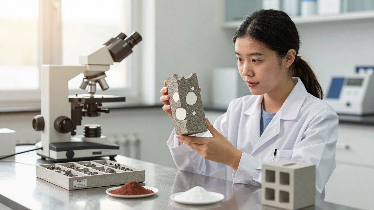Mulher cientista analisando bloco de concreto com amostras e microscópio em laboratório.