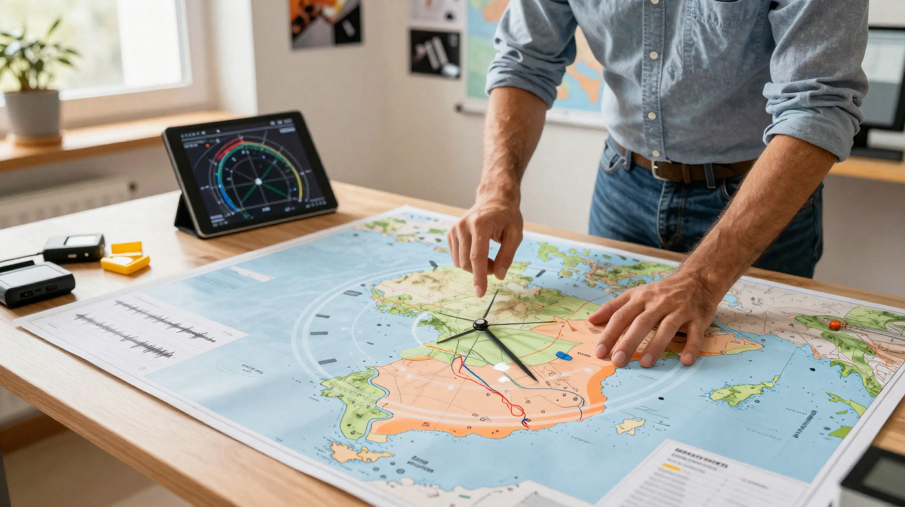 Pessoa utilizando régua e mapa para traçar rota em mesa com tablet e equipamentos à janela.