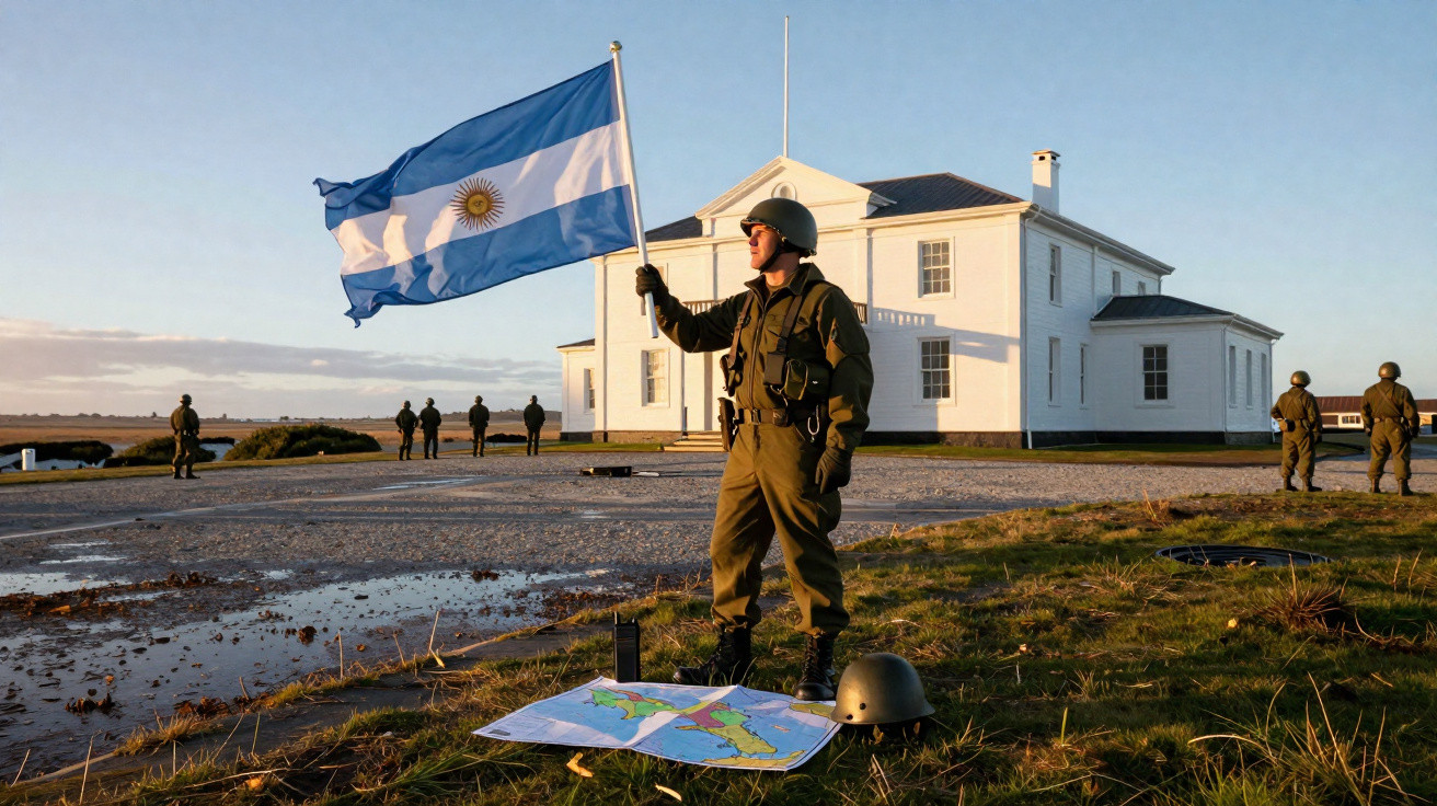 Soldado segurando a bandeira da Argentina em frente a edifício branco, com mapas no chão e outros soldados ao fundo.