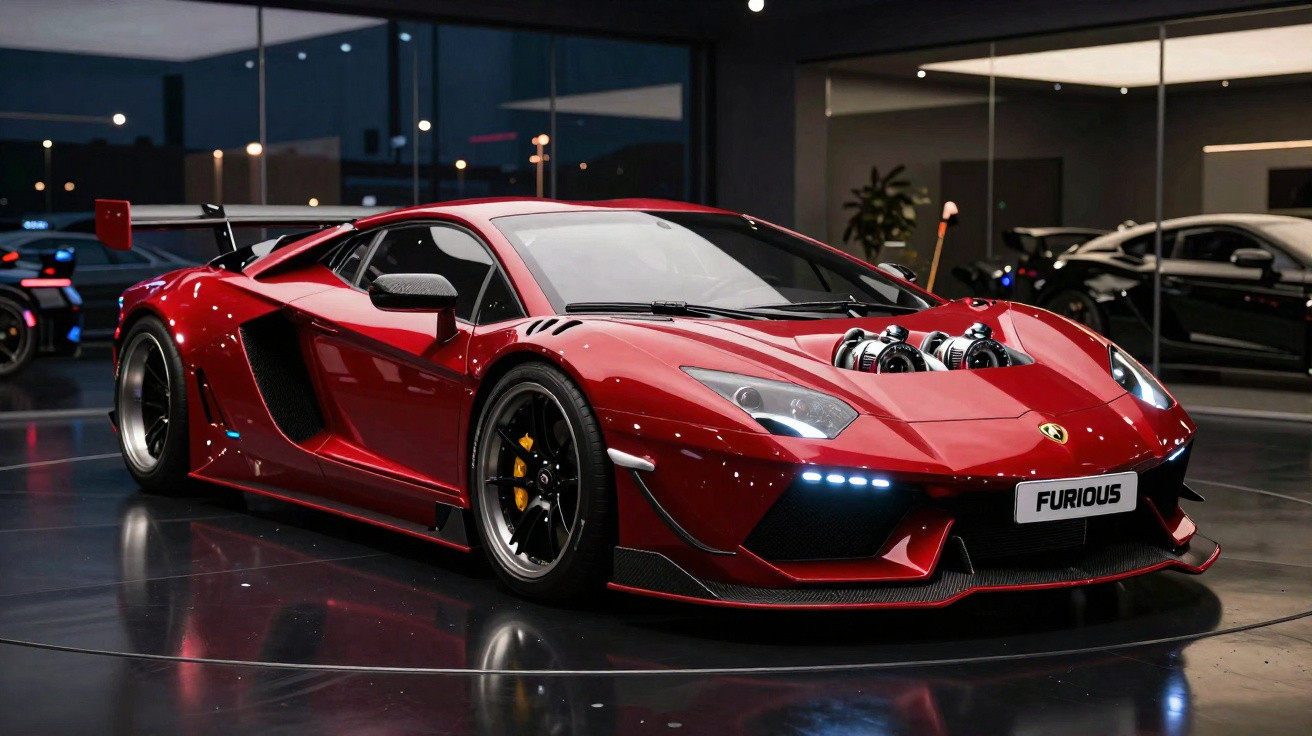 Carro esportivo vermelho com modificações e aerofólio, em ambiente interno iluminado.