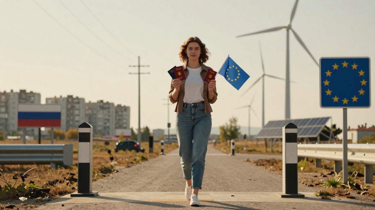 Mulher caminhando em fronteira, segurando passaportes vermelhos e bandeira da União Europeia.