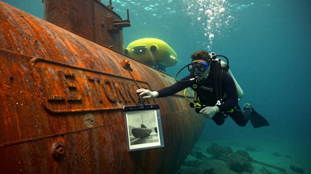 Mergulhador segurando foto próxima a submarino enferrujado submerso com veículo amarelo ao fundo.