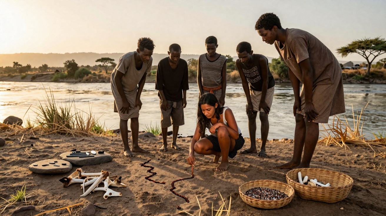 Grupo de pessoas ao ar livre desenhando no chão com pedras e objetos naturais à beira de um rio.