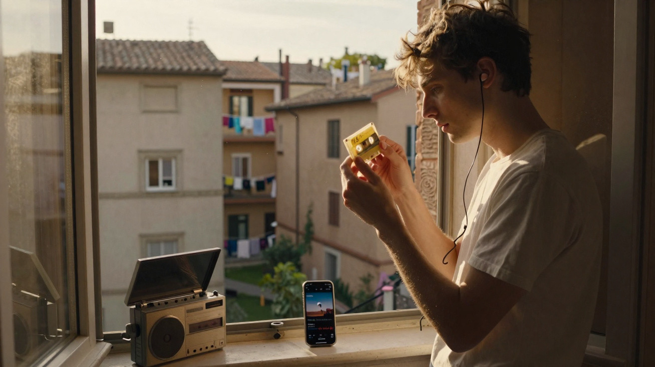 Jovem em janela segurando fita cassete, fone no ouvido, rádio antigo e celular apoiado no peitoril.