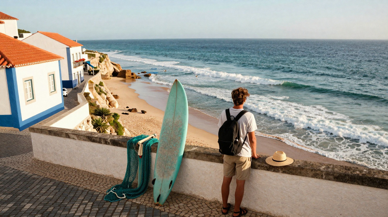 Homem de costas com mochila observa o mar em área litorânea com prancha de surf encostada na parede.