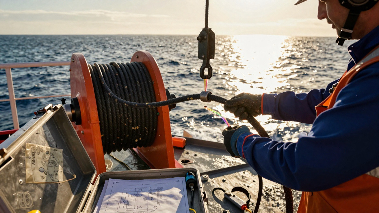 Homem operando cabo elétrico em barco no mar ao entardecer, com equipamentos técnicos à frente.