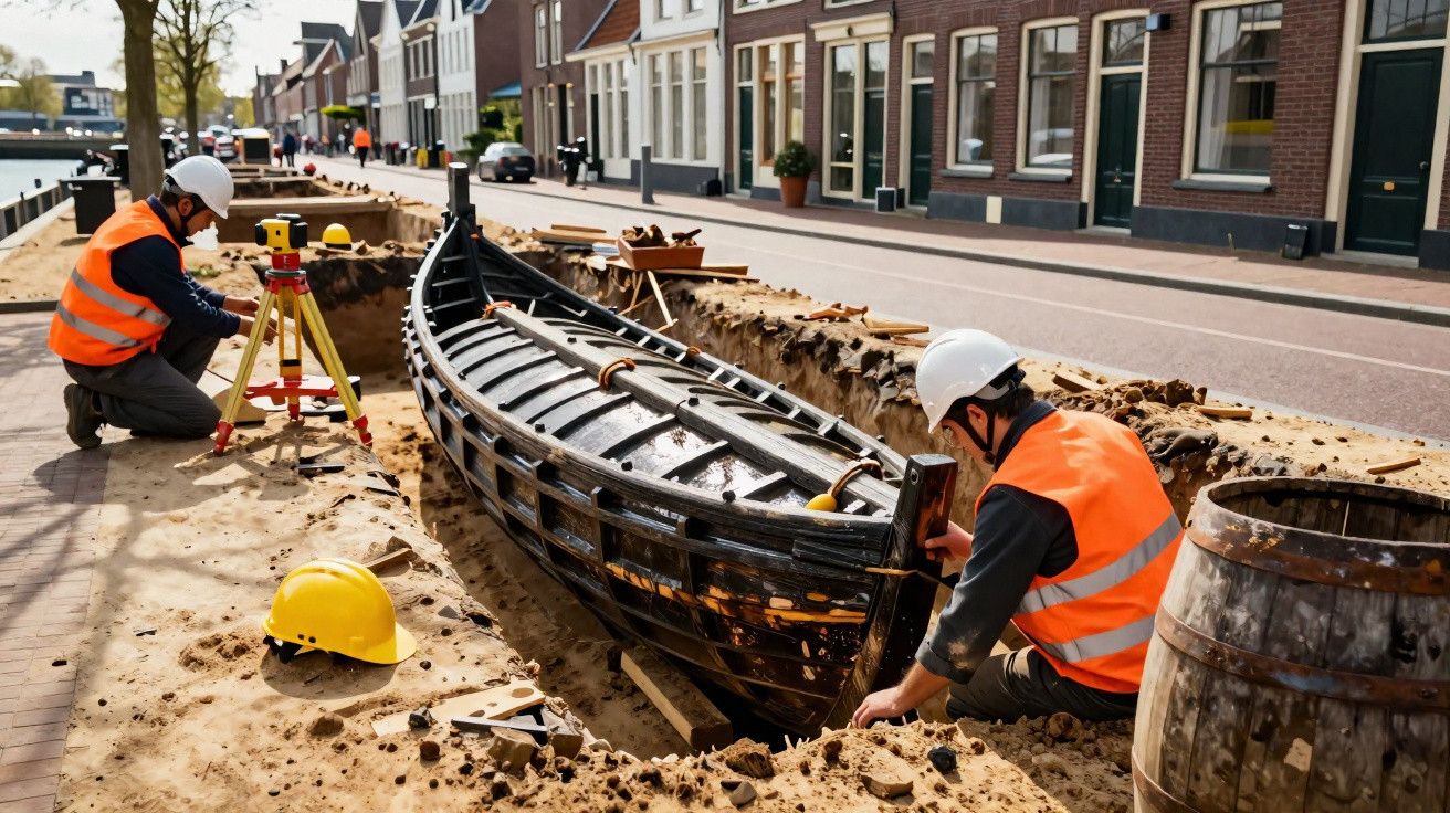 Dois arqueólogos em coletes e capacetes analisam barco escavado na areia ao lado de rua em ambiente urbano.