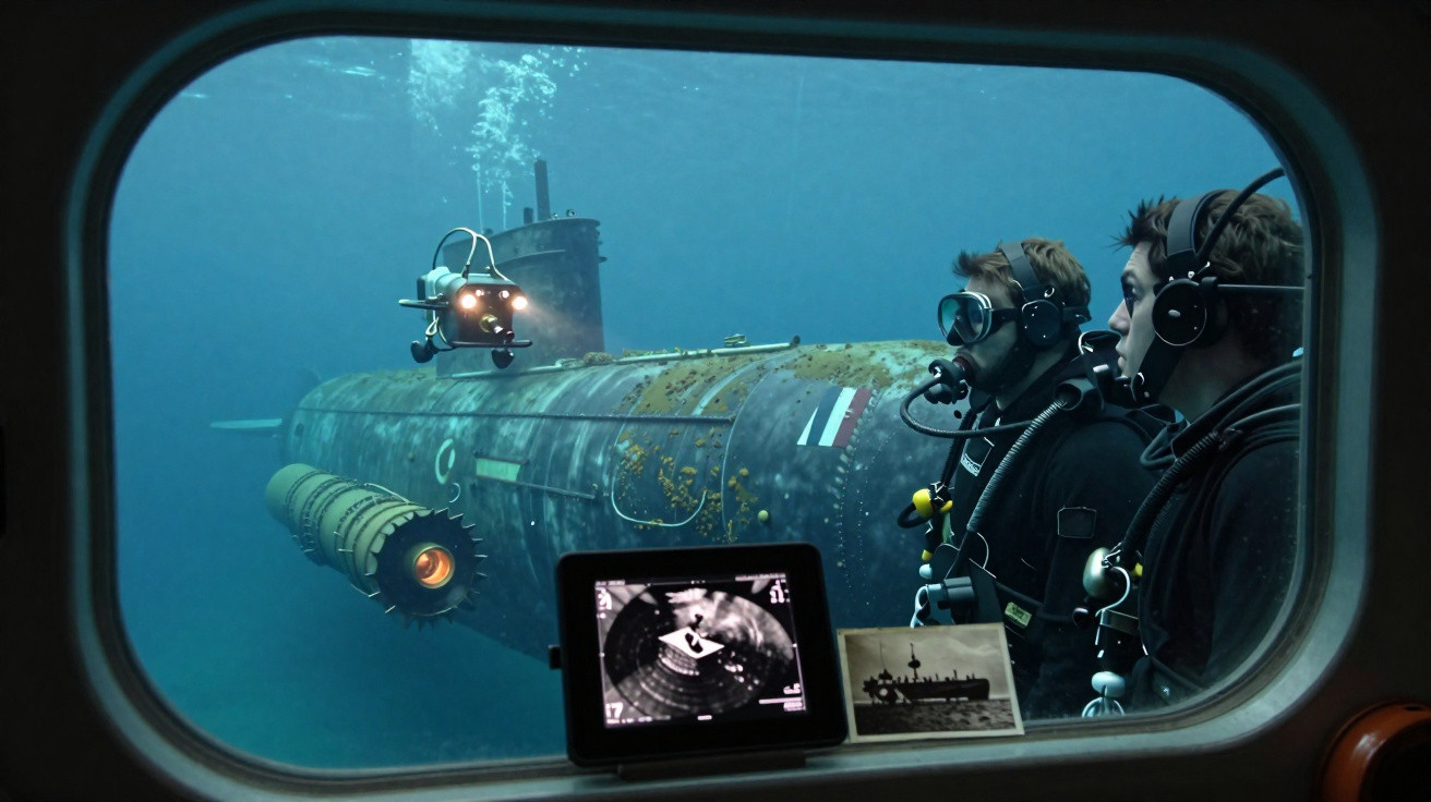 Dois mergulhadores observam um submarino antigo e um drone submarino através de uma janela subaquática.